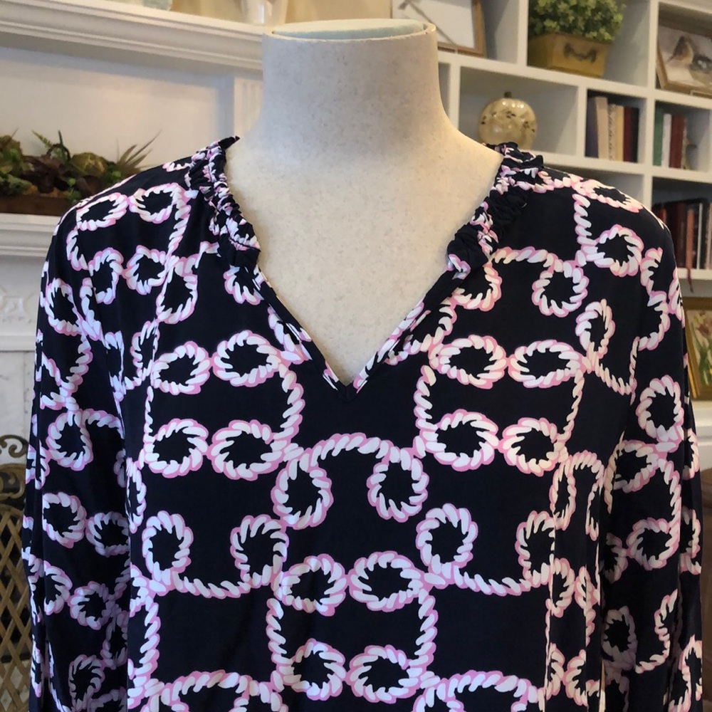 Navy with pink and white detailing women’s V-Neck blouse. Crown & Ivy, Medium